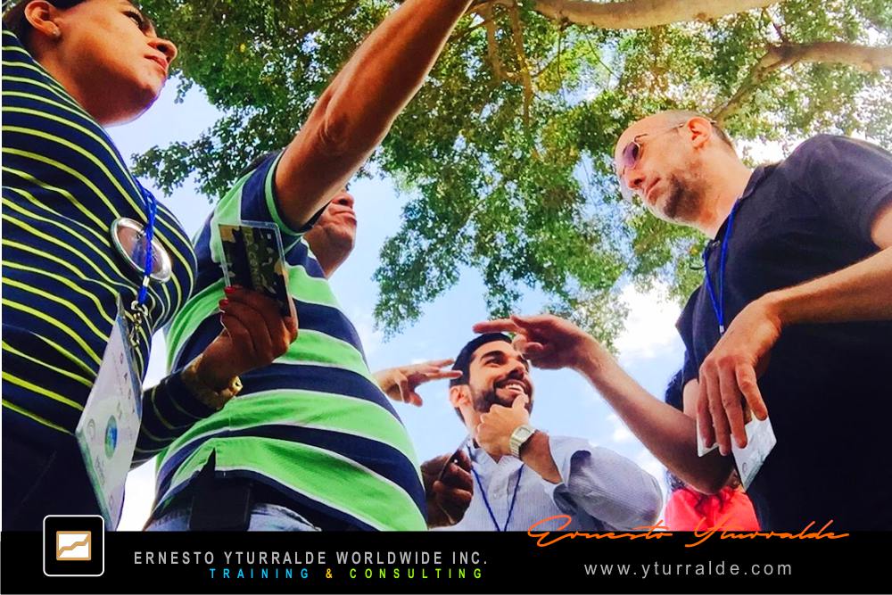 Grupo realizando actividad de cuerdas bajas en proceso de aprendizaje experiencial